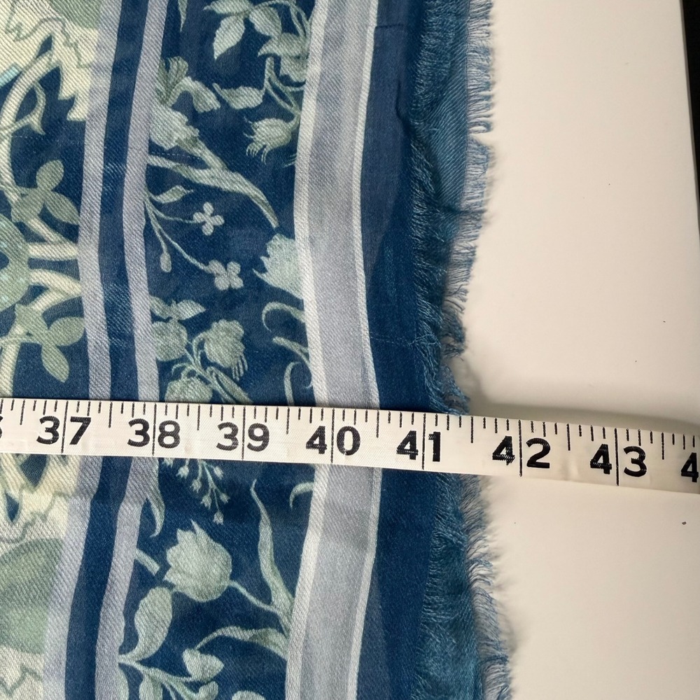 Anthropologie Vismaya Scarf Blue Botanical Bird Print Fringe Boho 40" Square New - Picture 6 of 6